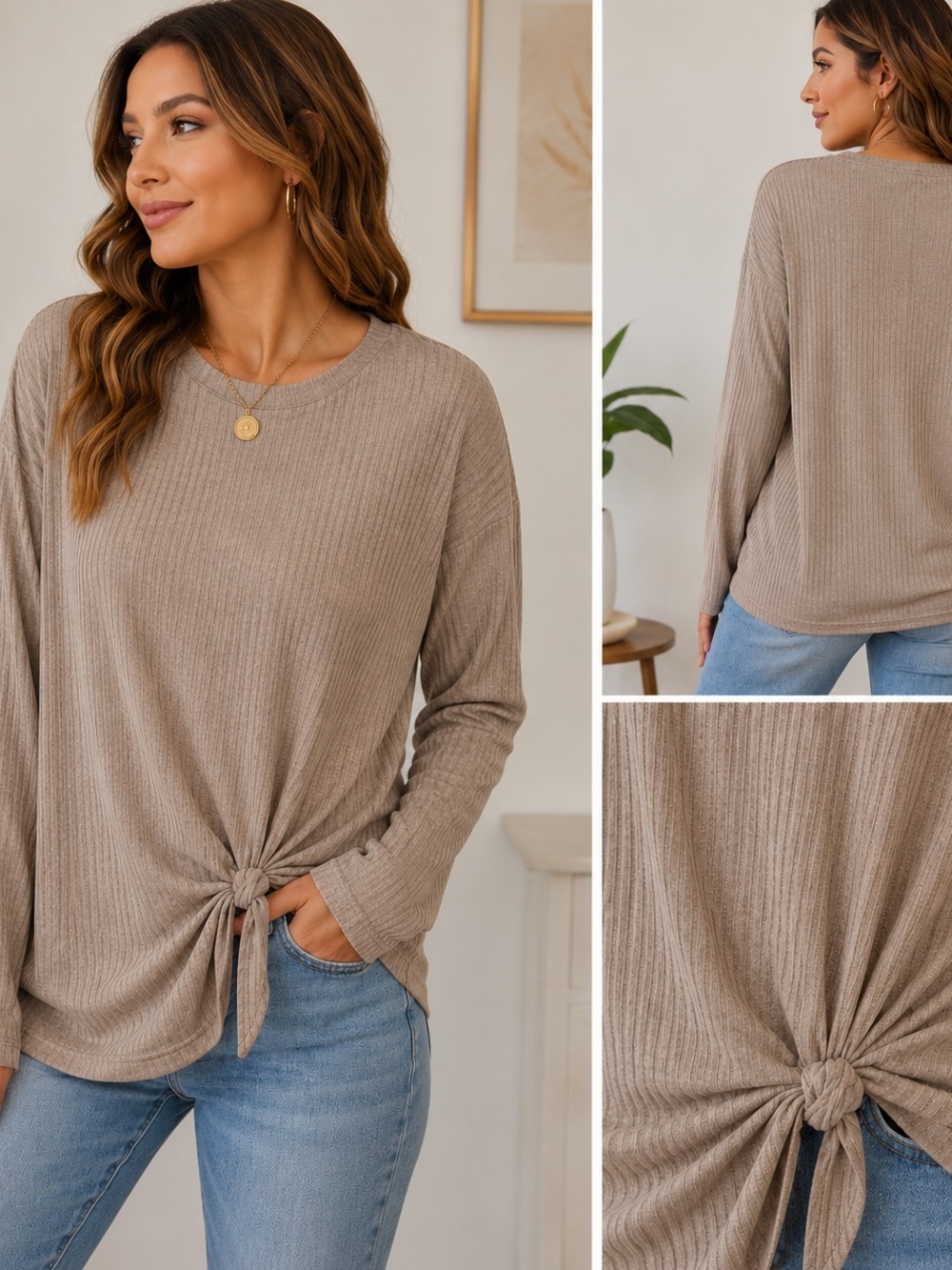 Women's Ribbed Tie-Front Long Sleeve Top - Taupe